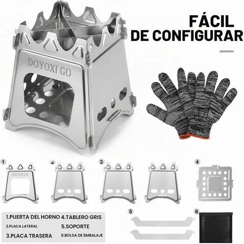 Vista 4 de Estufa de leña portátil para camping, de acero inoxidable, ligera, de arranque rápido, con bolsa de transporte para cocinar al aire libre