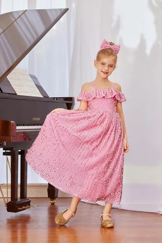 Vista 6 de GRACE KARIN Vestido de niña con hombros descubiertos y lentejuelas brillantes con nudo de lazo, 6-12 años