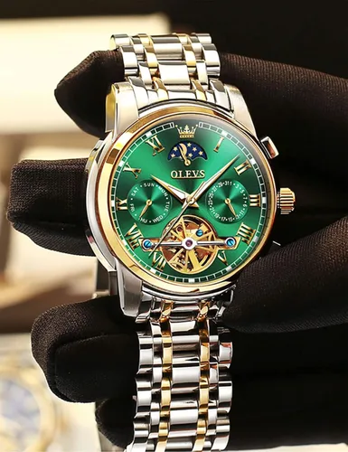 Vista 4 de OLEVS Relojes automáticos de cuerda automática para hombre, fecha y día, calendario, relojes de acero inoxidable, movimiento de esqueleto