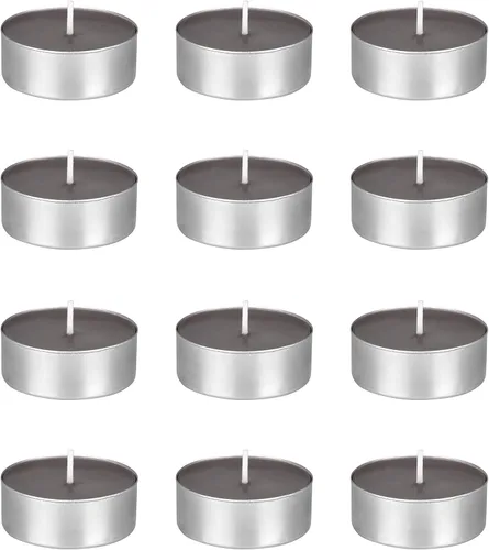 Vista 8 de Mega Candles 4 velas de té grises de gran tamaño sin perfume, velas de cera prensada, 12 horas de tiempo de combustión, decoración del hogar Gris