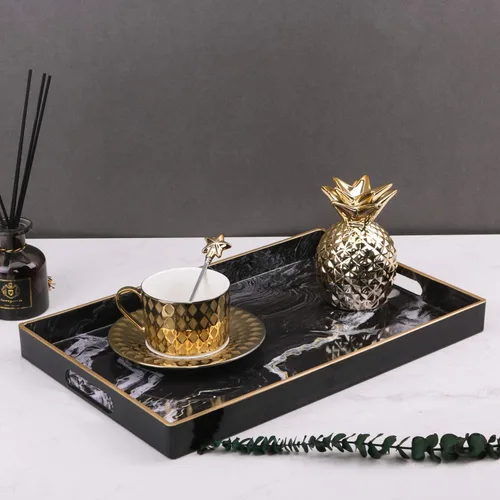 Vista 2 de Bandeja decorativa, bandeja de plástico de mármol con asas, bandeja rectangular de tocador y bandeja de servir para baño, cocina, otomana y mesa