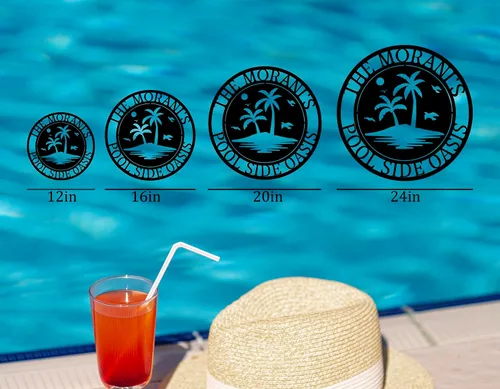 Vista 5 de Letrero de paraíso junto a la piscina, letrero de patio trasero, letreros personalizados con nombre de familia, decoración de piscina personalizada