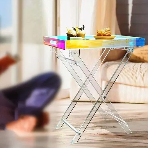 Vista 8 de Mesa plegable de acrílico iridiscente, mesa auxiliar de acrílico colorida, mesa de centro cuadrada moderna, mesa de servicio portátil para espacios