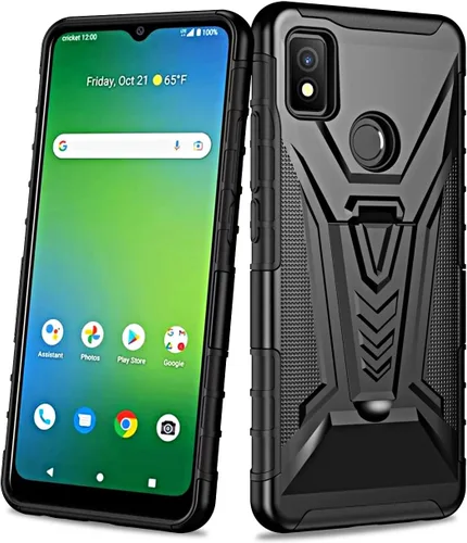 Vista 5 de Funda para Cricket Icon 4 con clip para cinturón de funda híbrida a prueba de golpes con soporte y pantalla de vidrio templado (negro)