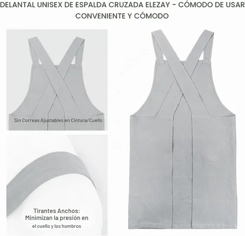 Vista 2 de ELEZAY Delantales para mujer con bolsillos, talla grande, cómodo, espalda cruzada, sin lazo, delantal de lino y algodón Gris