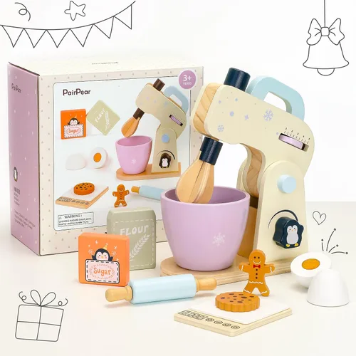 Vista 7 de PairPear Mezclador de juguete de madera para niños, mezclador de cocina con cuenco y accesorios para hornear, juguete de electrodomésticos de cocina