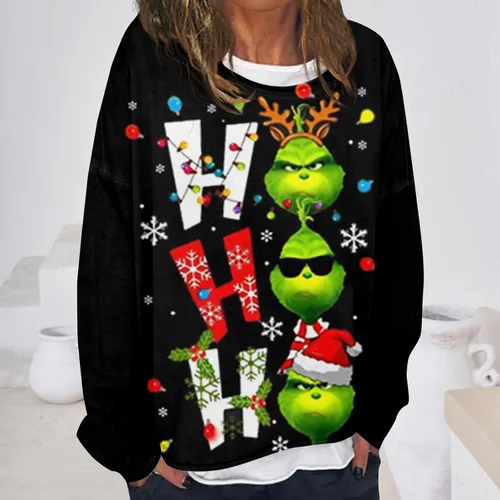 Vista 2 de WJDSZBD Suéter feo de Navidad para mujer, estampado de monstruo verde, manga larga, cuello redondo, sudaderas de fiesta de talla grande