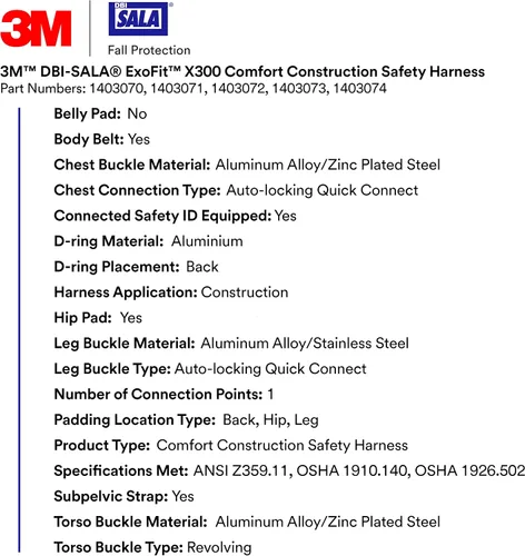 Vista 3 de 3M 1403070 DBI-SALA ExoFit X300 Arnés de seguridad de construcción cómodo, protección contra caídas, OSHA, ANSI, anillo en D trasero de aluminio