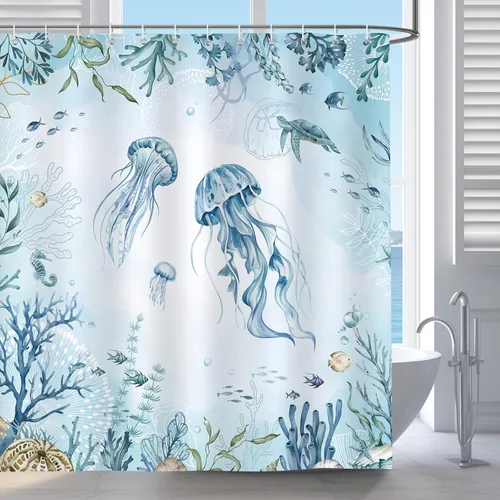 Vista 2 de Bonhause - Cortina para ducha de medusa, cortina de baño de tortuga azul teja y mar azulado, diseño costero de playa, de 72 x 72 pulgadas