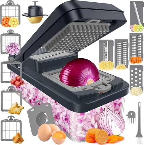 Vista 11 de SpaceHacks Picador de verduras 12 en 1, utensilios de cocina con 7 cuchillas, verduras, alimentos, picador de cebolla, rebanador de pepino