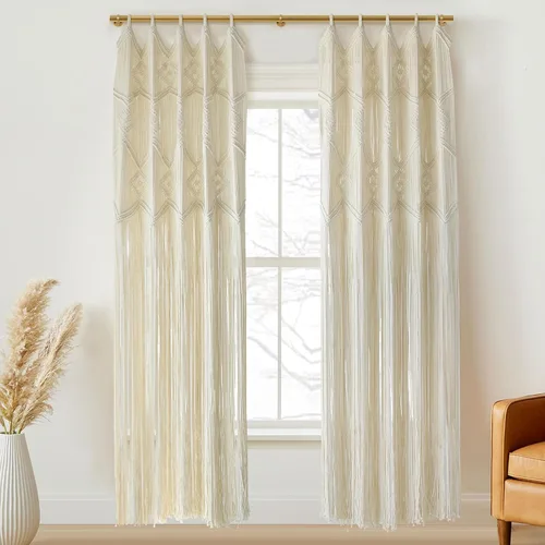 Vista 8 de IOWER Cortina de macramé larga de algodón para ventana, cortinas bohemias para dormitorio, boda, telón de fondo, divisor de habitación, puerta