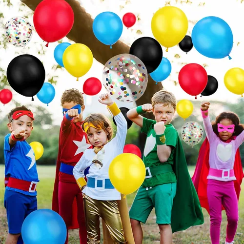Vista 2 de Kit de guirnalda de arco de 147 piezas con temática de héroe, incluye globos azules, rojos, amarillos, negros con globos de confeti y cinta en rollo
