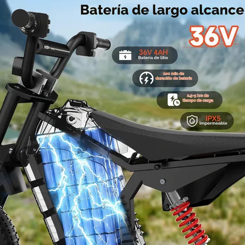 Vista 3 de Motocicleta eléctrica de 36 V para niños de 4 a 10, 700 W pico y máximo Morado