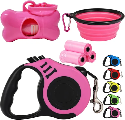Vista 9 de Correa retráctil resistente para perros o gatos pequeños, cinta de nailon 360 sin enredos, mango antideslizante, con dispensador de bolsas de basura