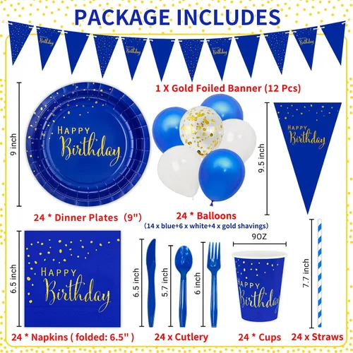 Vista 2 de DYLIVeS Paquete de 204 piezas de decoraciones de cumpleaños azules, puntos de aluminio azules y dorados, suministros de fiesta de feliz cumpleaños