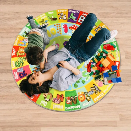 Vista 6 de Alfombra redonda de felpa ABC para niños, alfombra de juegos educativa esponjosa de 4 pies, alfombra de juego con forma de número del alfabeto