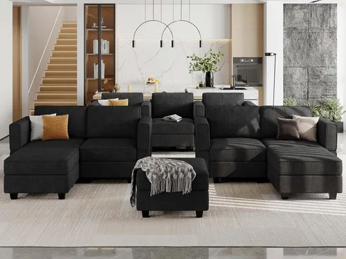 Vista 5 de Belffin Sofá en forma de U Sofá modular reversible de almacenamiento otomano Sofá de 6 plazas sofás grandes Sofá en forma de U Negro