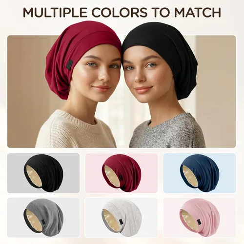 Vista 6 de 2 gorros de satén para dormir para mujer, Multi Adjustable Slouchy Beanie Hat, Night Sleep Cap Hair Wrap for Curly & Natural Hair
