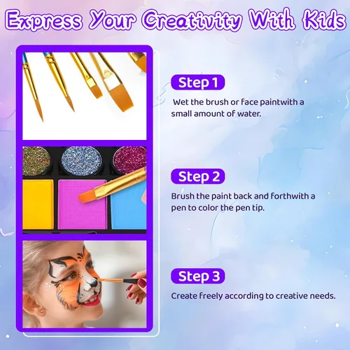 Vista 5 de Kit de pintura facial de 42 colores para niños, kit de paleta de pintura facial de agua no tóxica profesional con pinceles, plantillas, gemas