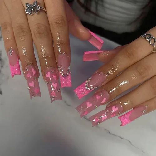 Vista 11 de MISUD Uñas Postizas - Uñas Largas Forma Ataúd con Pegamento en Negro Gótico, Diseño Acrílico Gótico de Rosa 24 piezas