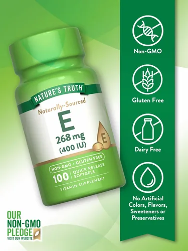 Vista 3 de Nature's Truth Cápsulas blandas de vitamina E de 400 UI 268 mg 100 unidades Suplemento sin OMG y sin gluten