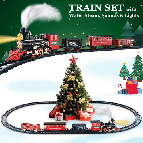 Vista 2 de OleFun Juego de tren, tren eléctrico con vapor de agua, sonidos y luces, modelo de tren de Navidad para debajo del árbol, kit de ferrocarril regalos