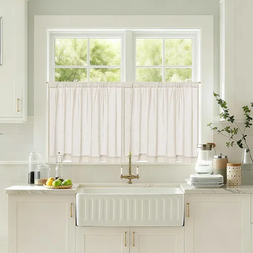 Vista 5 de Cortinas de cocina de lino semitransparente beige de 24 pulgadas de largo, 2 paneles Cream, Cafe Short Curtains, for Bathroom Small Windows, Light