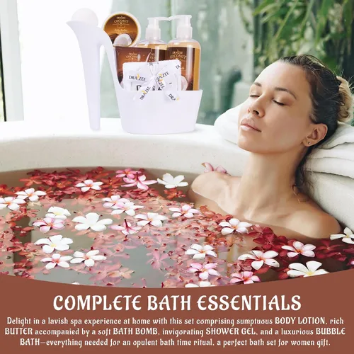 Vista 5 de Draizee Regalos de spa de lujo para mujer, juego de 2 canastas de spa con aroma de rosa y coco, gel de ducha, baño de burbujas, mantequilla