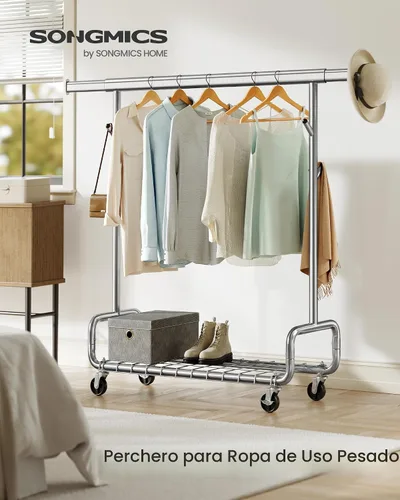 Vista 2 de SONGMICS Perchero de Ropa, Perchero de Ropa Rodante de Servicio Pesado con Ruedas, Barra Colgante Extensible y Altura Ajustable, Portátil, con Plata
