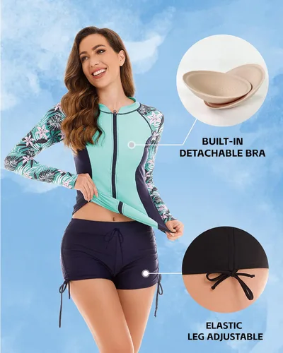 Vista 5 de 2 Piece Long Sleeve Swimsuit with Zipper UV UPF 50+, Comforts Rash Guard with Built in Bra Surfing Wetsuit for Women