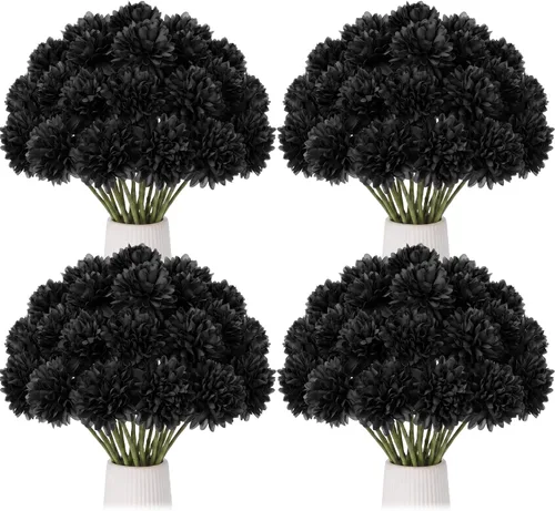 Vista 9 de Tigeen 60 piezas de flores artificiales negras crisantemo para decoración Negro