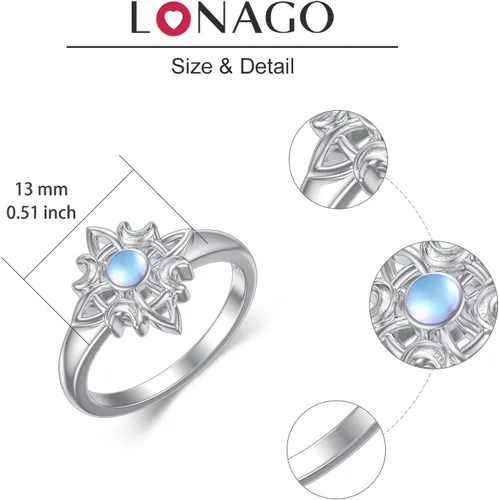 Vista 5 de LONAGO Anillo de plata de ley 925 con nudo de brujas, anillo celta irlandés Wicca Moon, regalo de joyería para mujer