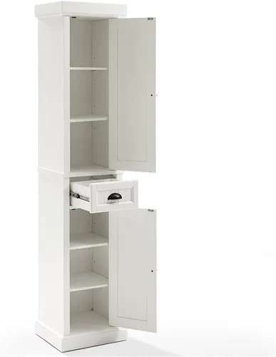 Vista 6 de Crosley Furniture Seaside - Armario de almacenamiento alto de lino y organizador de baño con cajón y estantes, color blanco envejecido
