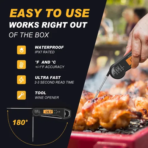 Vista 3 de Termómetro digital impermeable para carne de lectura instantánea para cocinar y asar a la parrilla, termómetro de alimentos con luz de fondo, imán
