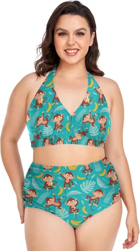 Vista 22 de Bikini de 2 piezas para mujer, talla grande, cintura alta, cuello halter, fruncido, control de abdomen Murciélagos Cruces Estrellas