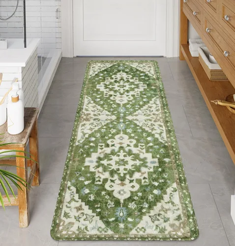 Vista 34 de Uphome Alfombra de baño vintage, azul, bohemio, antideslizante, oriental, suave, lavable a máquina, lindas alfombras de baño tribales florales