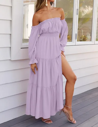 Vista 133 de ZESICA - Vestido largo, bohemio y sexy, con hombros descubiertos y manga larga fruncida, con elástico fruncido, cintura alta y abertura lateral