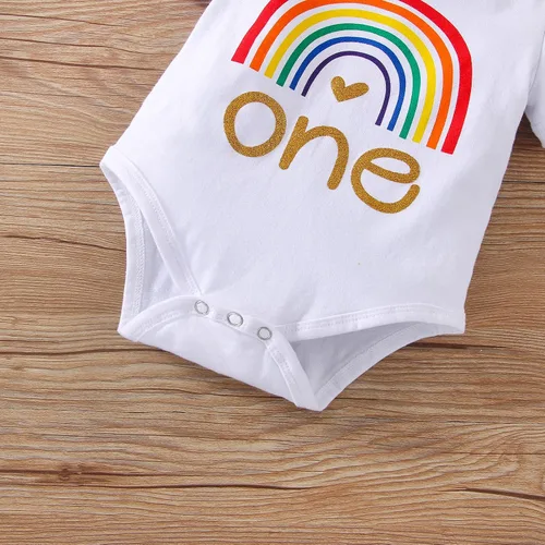 Vista 4 de Conjunto de mameluco de algodón para el primer cumpleaños para niñas con lentejuelas y lazo para la cabeza, 3 piezas