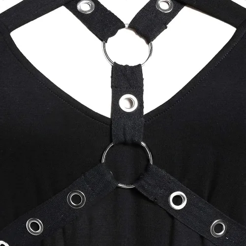 Vista 5 de Vestido gótico con vuelo para mujer, con tirantes delgados, hombros descubiertos, encaje, transparente, negro, irregular, vestido midi vintage