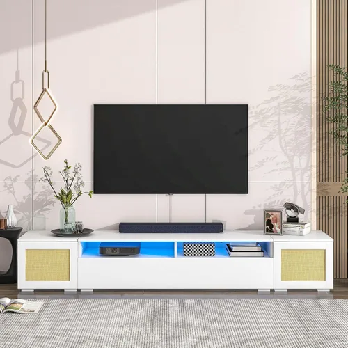 Vista 10 de Soporte de TV versátil de alto brillo con luces LED que cambian de color y 2 estantes de vidrio templado, centro de entretenimiento para televisores