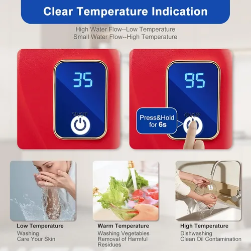 Vista 4 de Calentador de agua instantáneo sin tanque, pequeño, eléctrico, sin tanque, calentador de agua caliente, grifo de lavado de cocina, temperatura