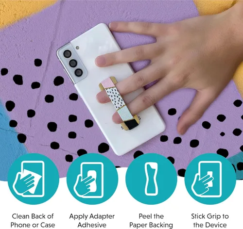 Vista 5 de LOVEHANDLE Agarre universal para la mayoría de teléfonos inteligentes, mini tabletas y fundas, correa elástica negra con base negra, paquete de 2