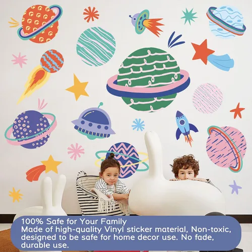Vista 5 de Calcomanías de pared espaciales multicolor – Calcomanías de vinilo de cohete espacial planetas y estrellas – Sistema Solar extraíble Galaxy Star