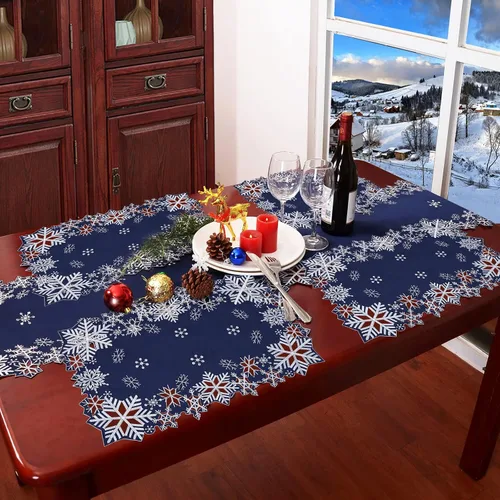 Vista 5 de Caminos de mesa bordados con copos de nieve para Navidad e invierno (azul marino, 14 x 69 pulgadas)