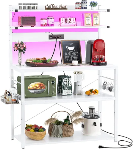 Vista 10 de Aheaplus - Estantería de cocina con toma de corriente, soporte para microondas, estación de café de 5 niveles con luces LED, estante