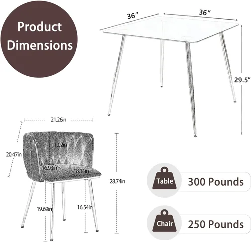 Vista 3 de Juego de mesa de comedor de cristal plateado para 2, juego de mesa cuadrada de lujo moderno de 36 pulgadas, juego de mesa de cocina minimalista de 3