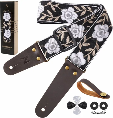 Vista 31 de Nefelibata Correa de guitarra, correas de guitarra de algodón bordadas con extremos de cuero de vaca para bajo, guitarras eléctricas y acústicas