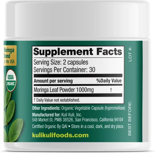 Vista 2 de Kuli Kuli Pure Organic Moringa Leaf Cápsulas de energía natural Superfood 60ct