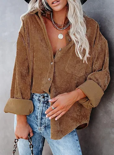 Vista 3 de Chaqueta de pana con botones para mujer, estilo casual, manga larga, blusas de gran