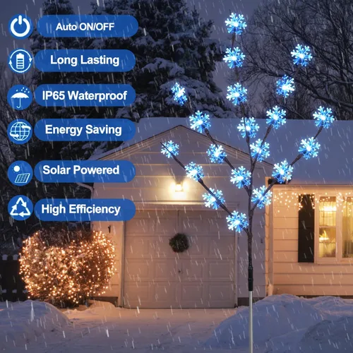 Vista 2 de Decoraciones de Navidad al aire libre, 4 juegos de luces solares para árbol de Navidad con 80 luces de copo de nieve C6, adecuadas para pequeñas